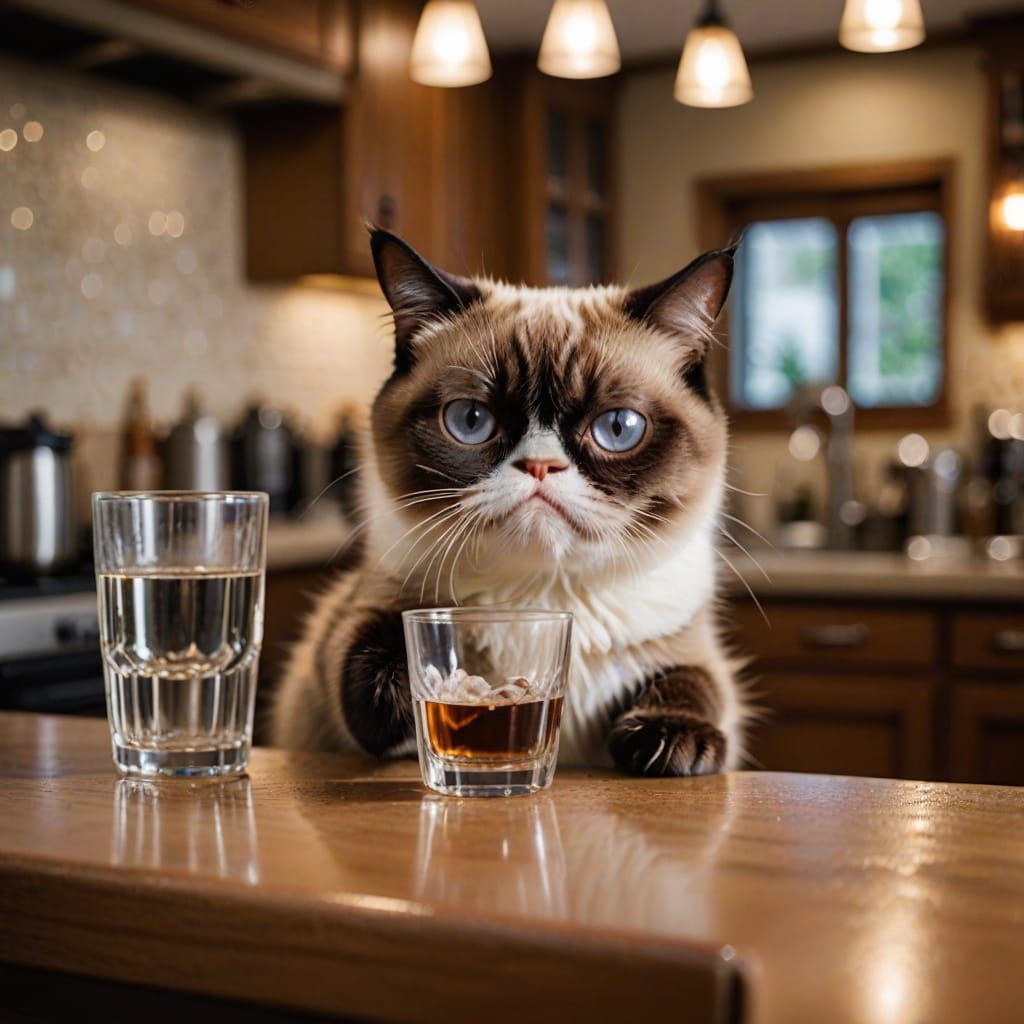 Grumpy Cat Accidentally Spills Drink in Kitchen Chaos