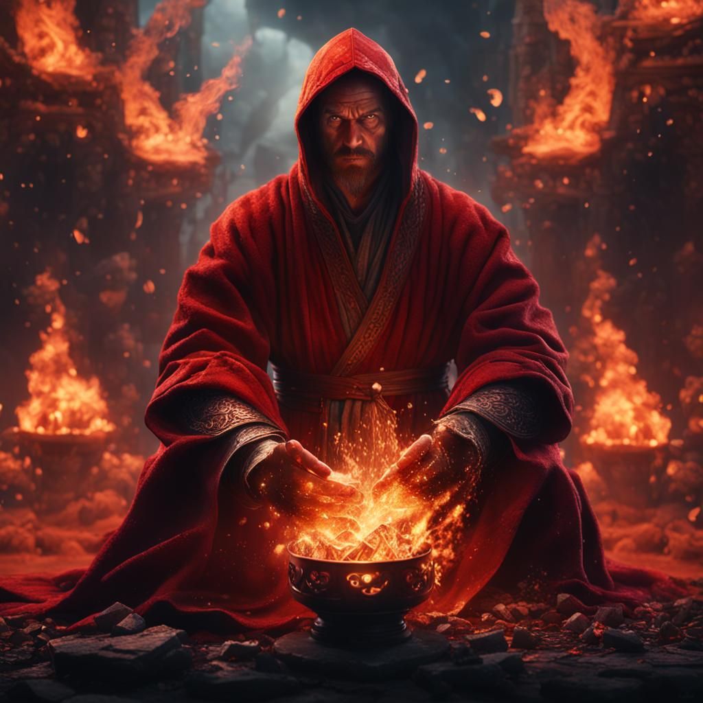 Man in Red Robe with Fire and Ash