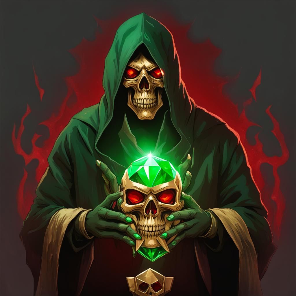 Cultist in Gold Skull Mask Holding Crystal