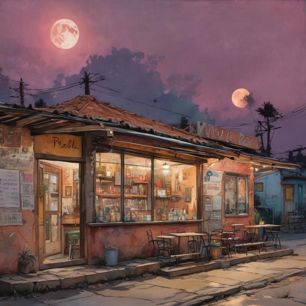 Rustic Taqueria at Dusk in Watercolor and Ink