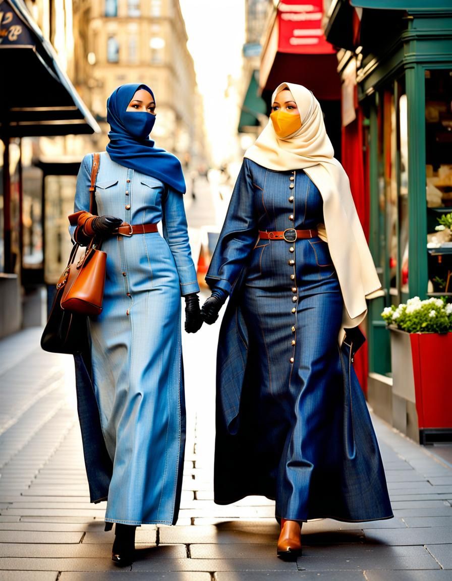 Two Modest Women in City, Oil-Guache Style