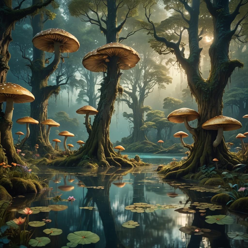 Mystical Forest Scene with Glowing Mushrooms, Digital Art