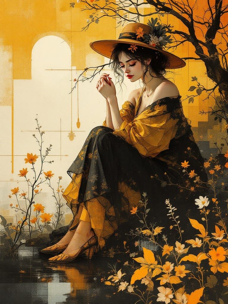 Amber Light & Ink Mastery: Abstract Pin-Up Fusion