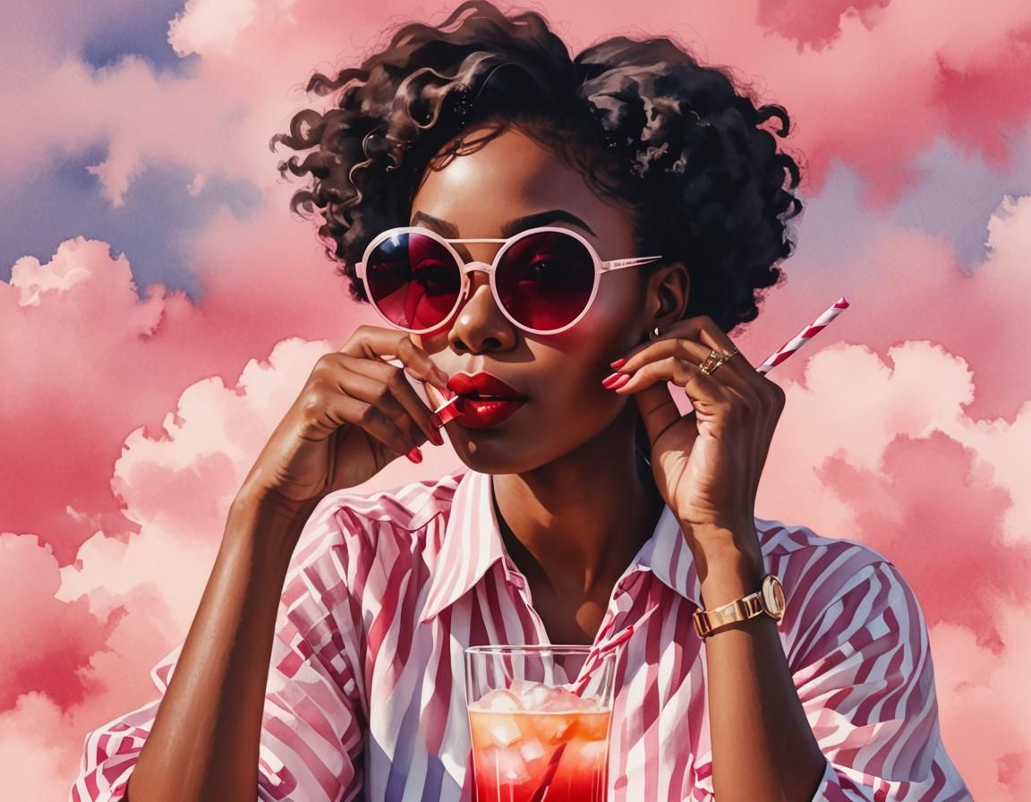 Fashionable Woman Sipping Drink in Digital Watercolor Style