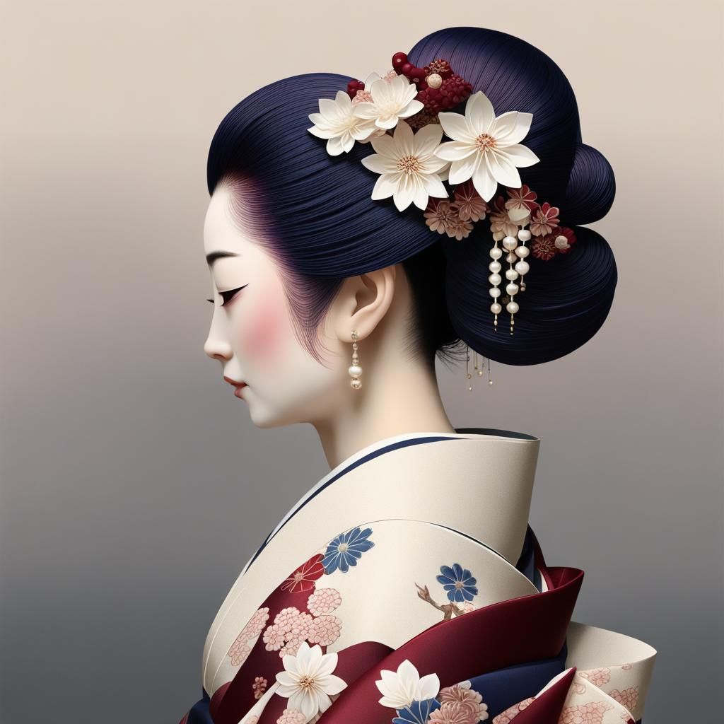 A serene figure in profile wears a traditional Japanese kimo...