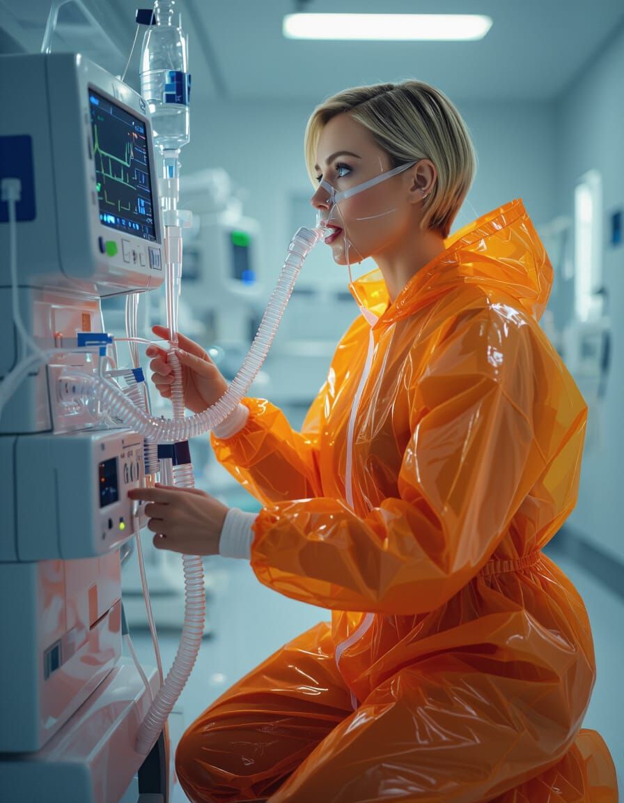 Woman Ventilated in Futuristic Space Room