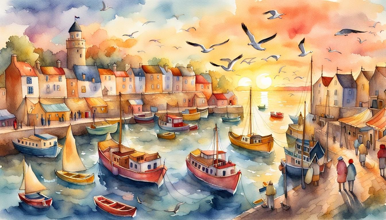 Fantasy Harbor at Sunset in Watercolor Style
