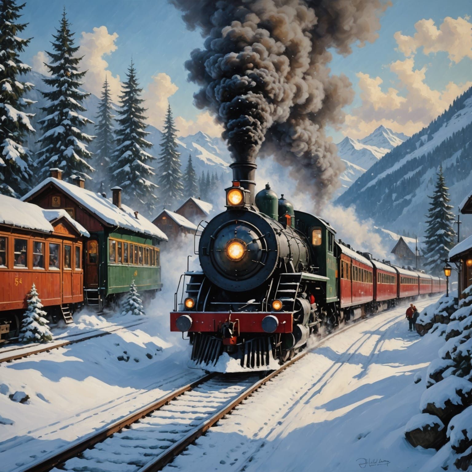 Christmas train chugging through snowy blizzard in the Swiss Alps