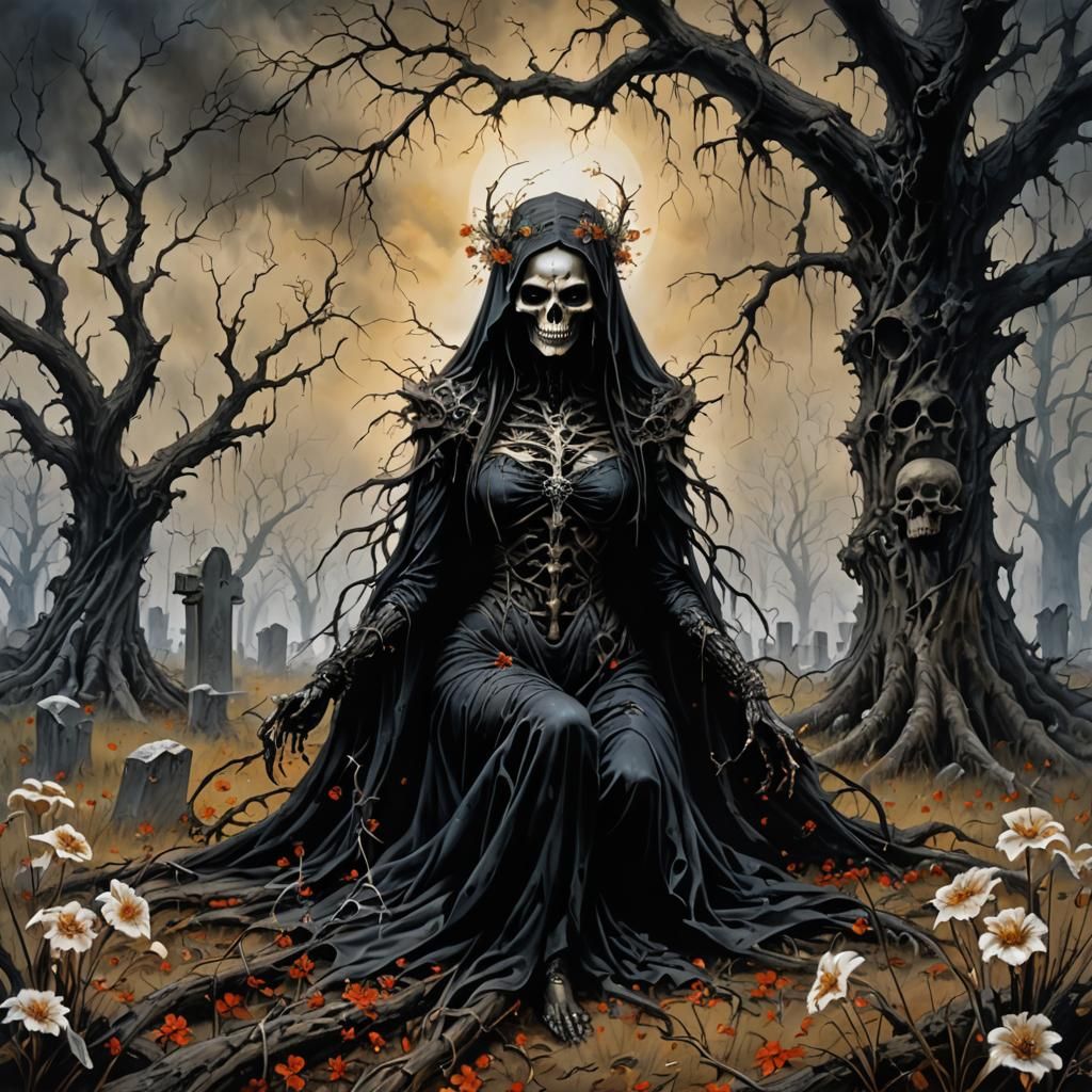 Ebony Death Lady in Macabre Surrealism Style