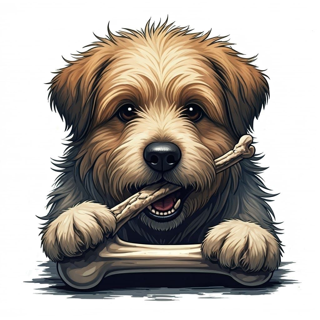 Shaggy Dog Chewing Bone in Comic Book Style