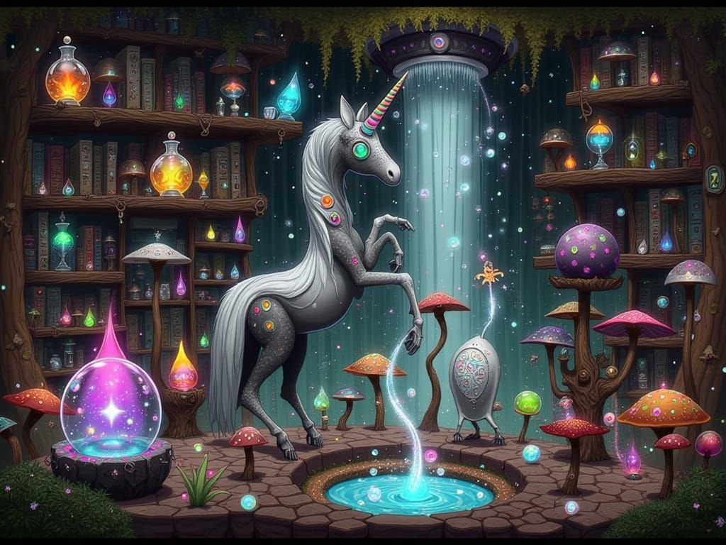 Whimsical Unicorn in Enchanted Fantasy Laboratory