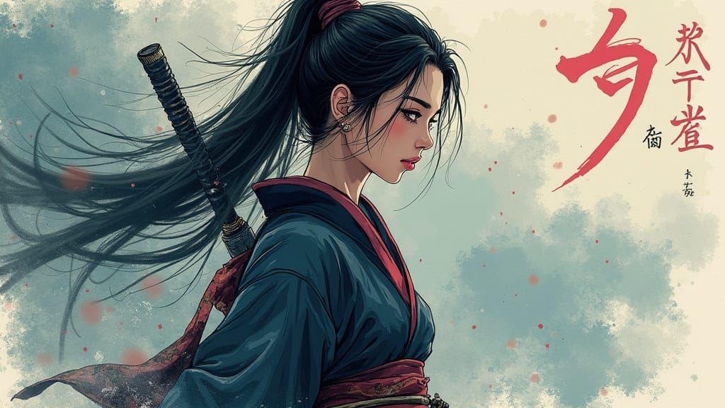 Manga Ninja Woman in Rain, Anime Style