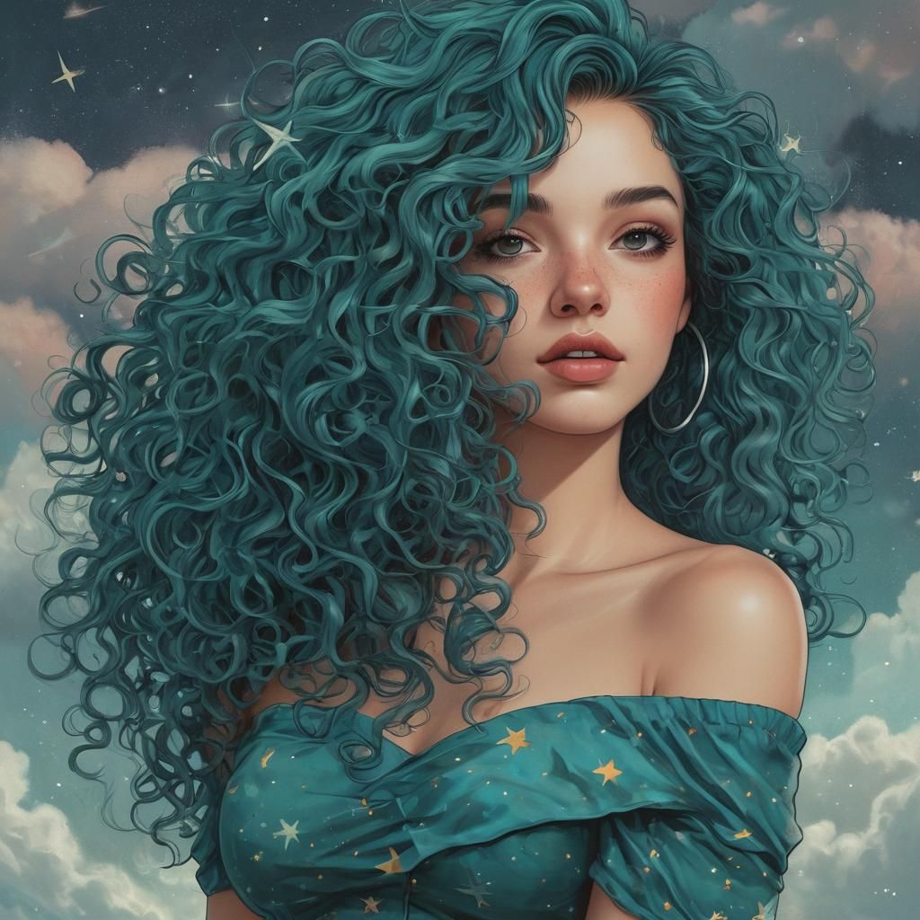 Ethereal Teal-Haired Woman in Dreamy Cloudscape