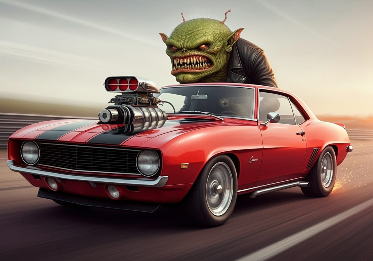 Grotesque Monster Speeds Down 1969 Camaro on Blurred Race Tr...