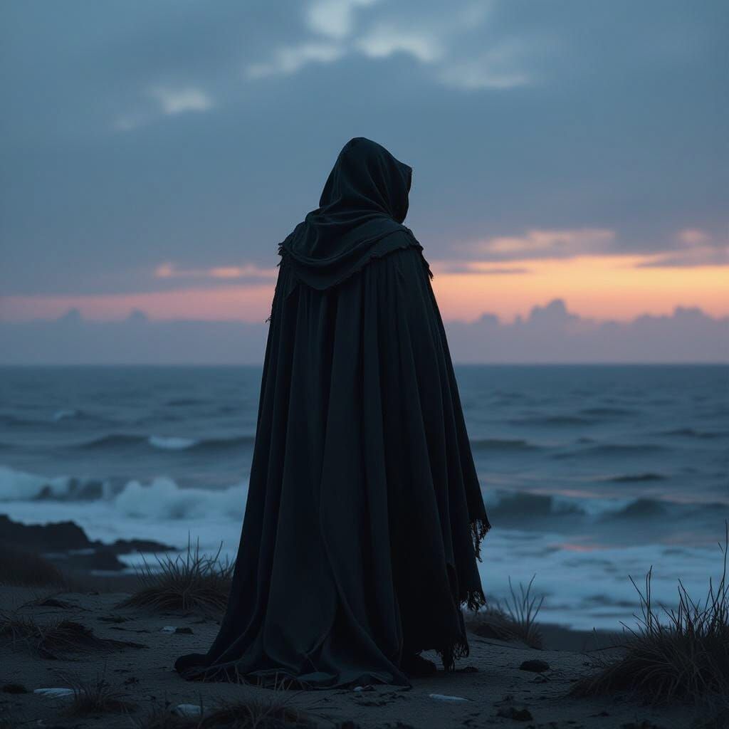 Melancholic Journey on Desolate Coastline Under Twilight Sky