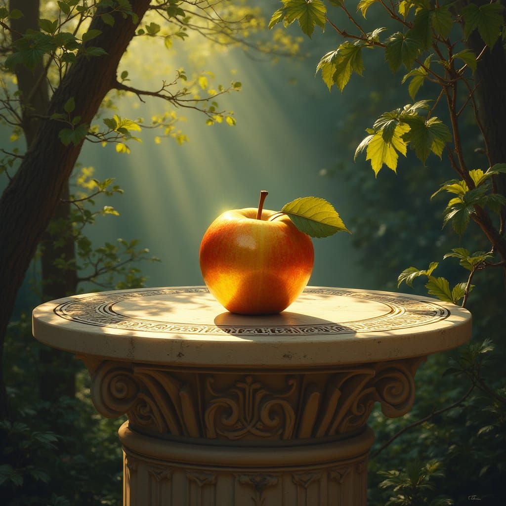 Golden Apple on Ancient Stone in Enchanted Forest