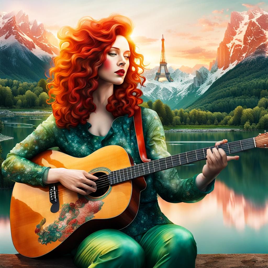 Double Exposure: Redhead Guitarist in Surreal Landscape