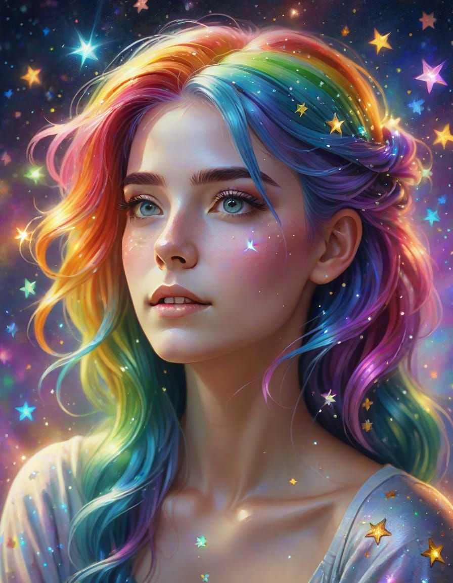 Rainbow Haired Lady with Stars: Digital Oil Painting