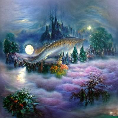 Sturgeon Under Moonlight Over Magic Forest
