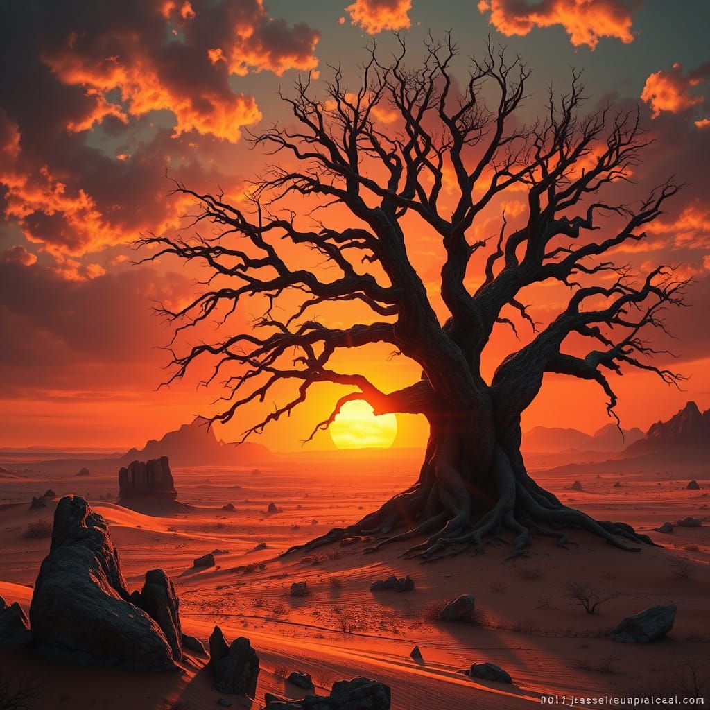 Ancient Tree Silhouette at Fiery Sunset