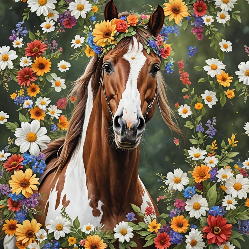 Paint Horse with Rainbow Flower Crown Portrait