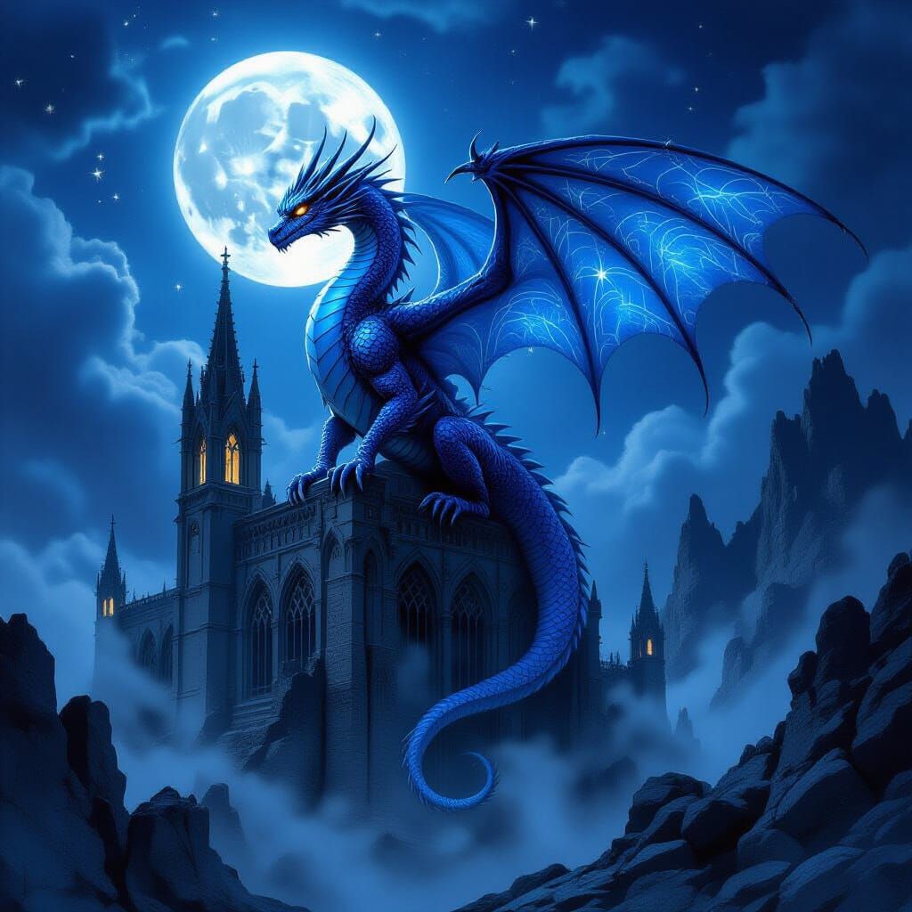 Blue Dragon Perched on Gothic Cathedral in High Fantasy Styl...