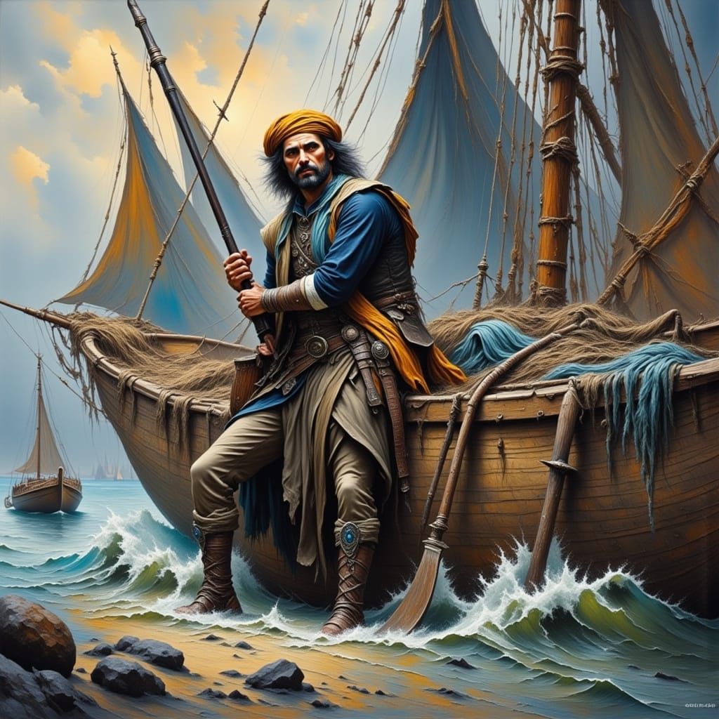 Weathered Sailor Mending Nets in a Coastal Landscape