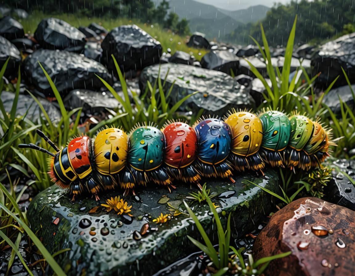Caterpillar on Rain-Slicked Rocks: Hyperrealistic Illustrati...