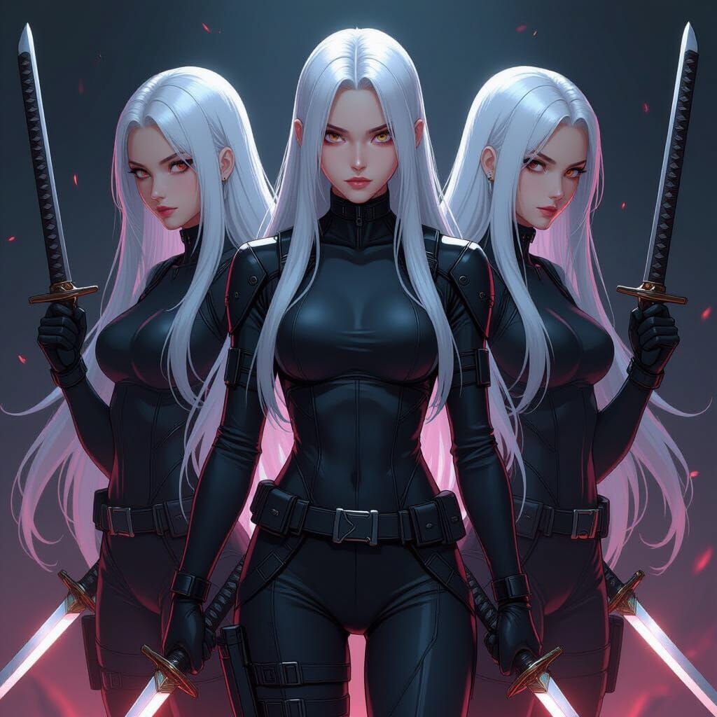 Three Identical Silver-Haired Warriors in Tactical Suits
