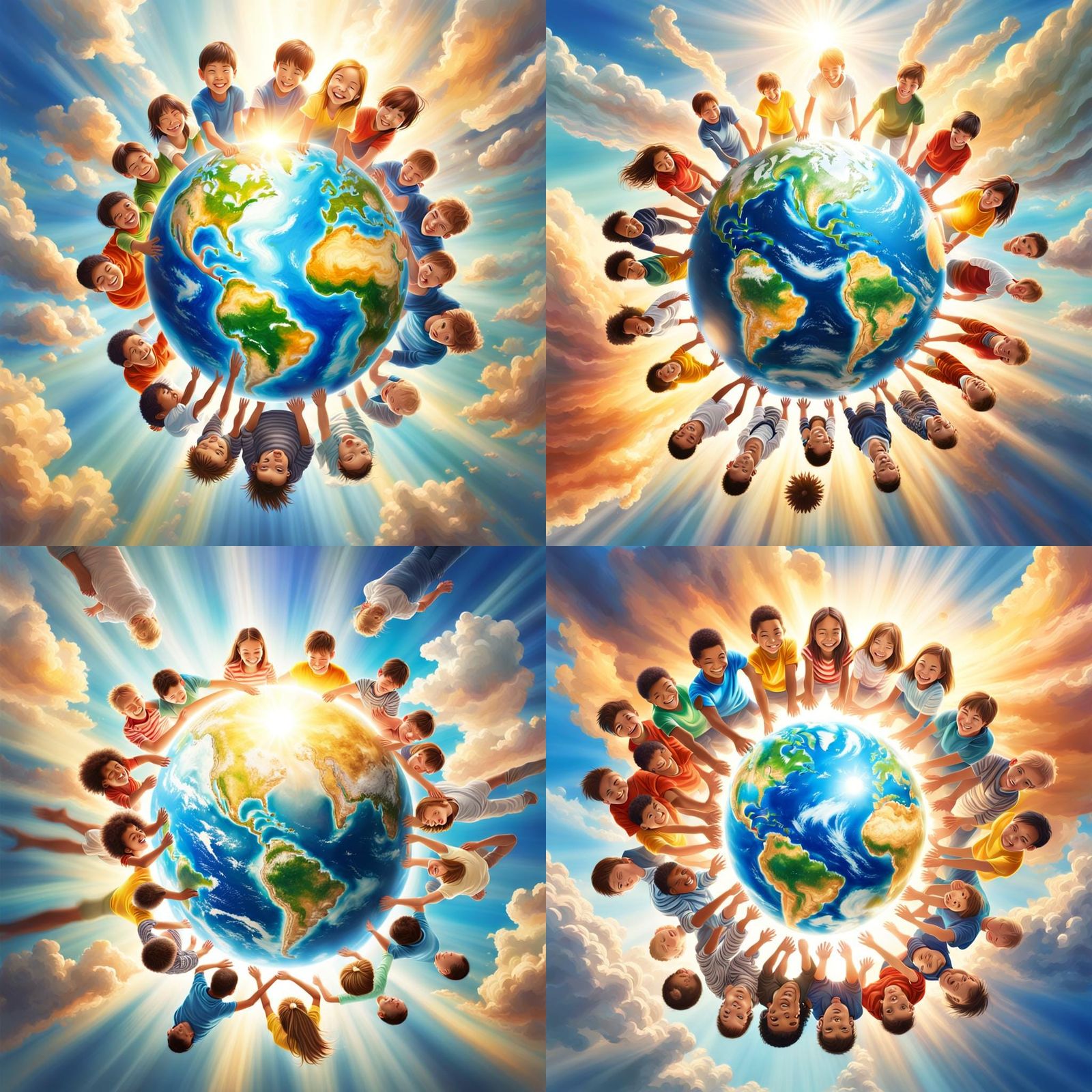 Children Embrace Earth in Divine Light: Hyperrealistic Art