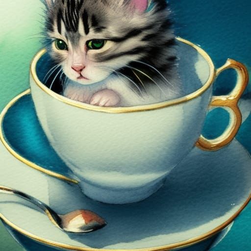 Chibi Kitten in Teacup Watercolor Ghibli Style