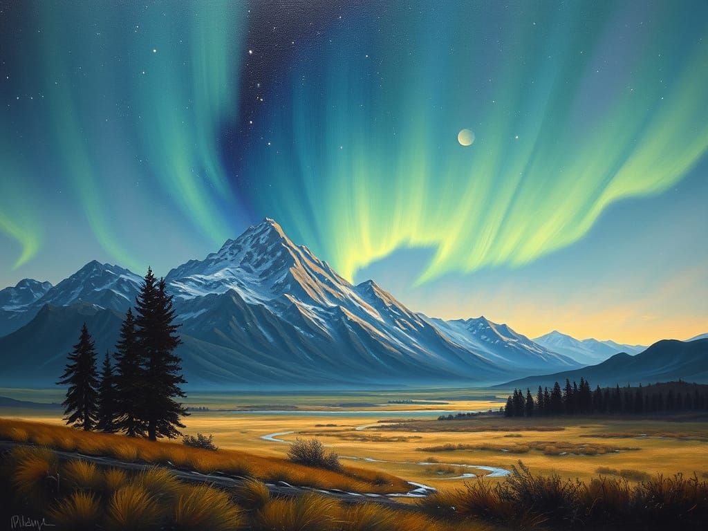 Northern Lights Landscape as Oil Painting
