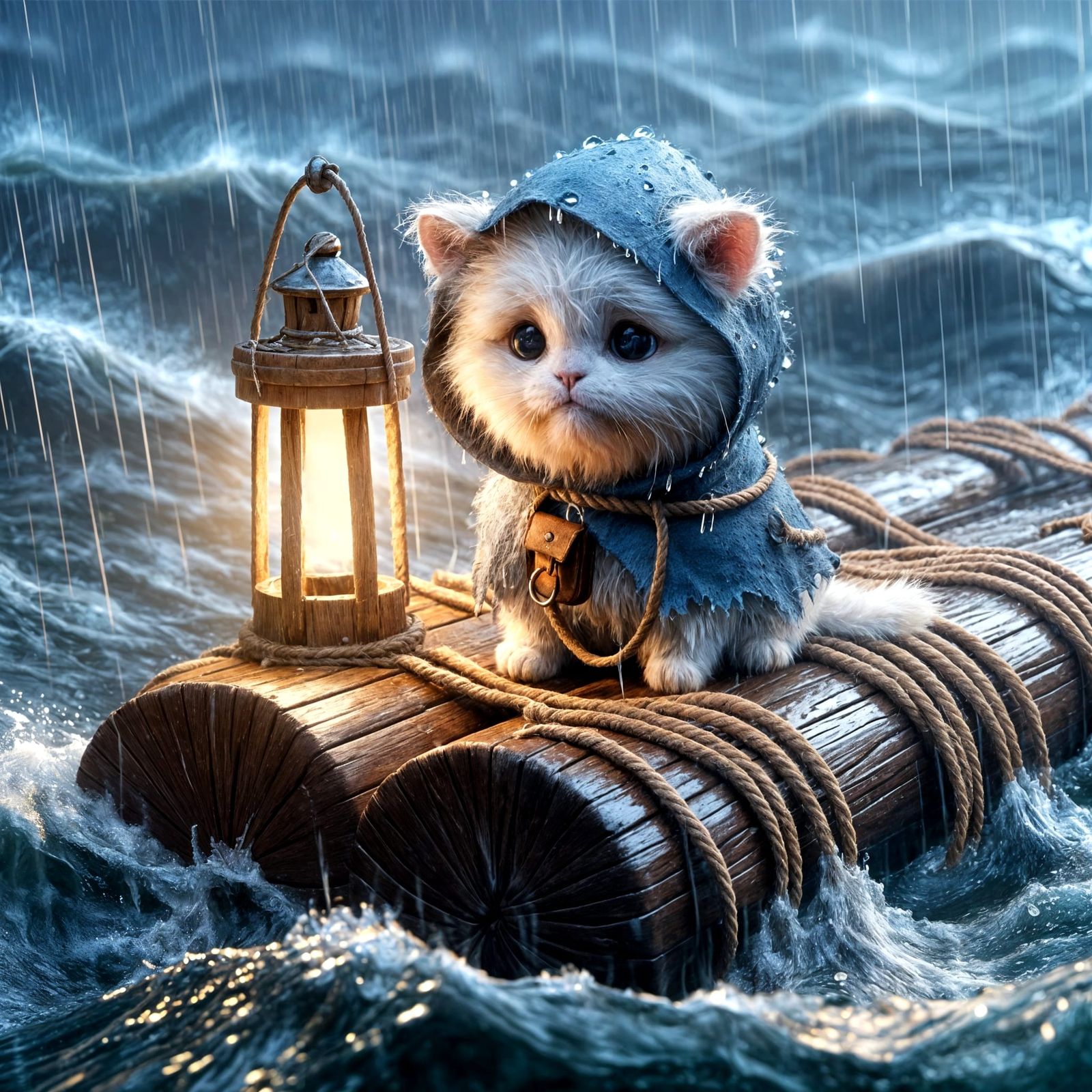 Whimsical White Himalayan Cat in Turbulent Sea