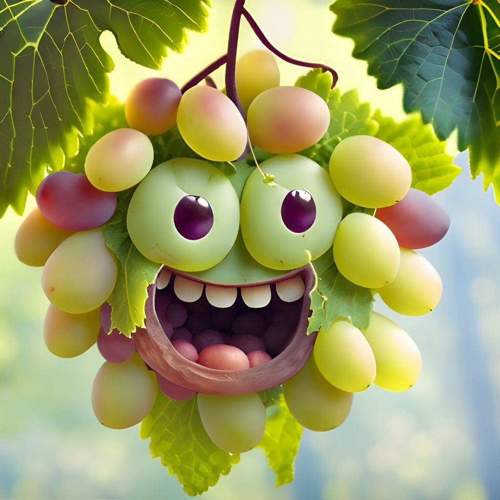 Realistic Smiling Grapes Amongst Grape Leaves
