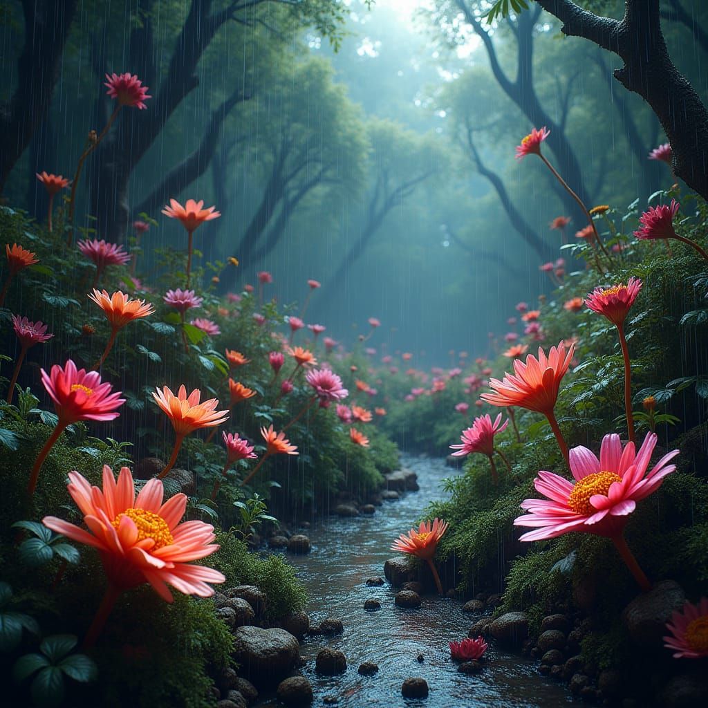 Mystical Rainy Garden: Fantasy Concept Art