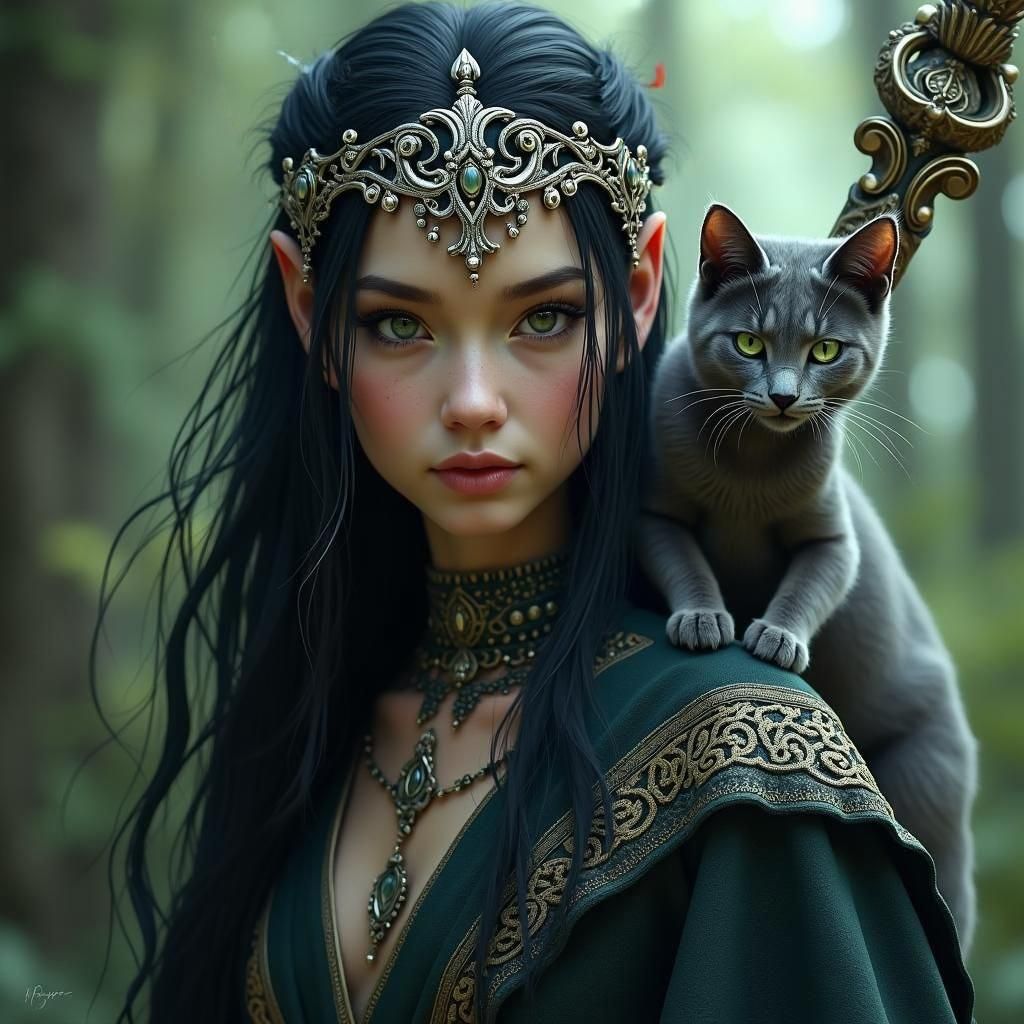 Elf Witch Himiko with Cat, Fantasy Concept Art