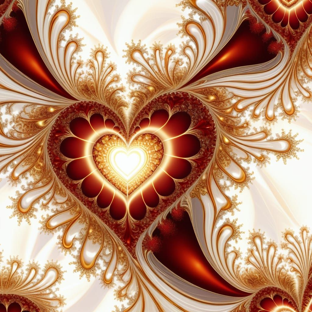 Majestic Fractal Art with Red Hearts and Gold Sparks