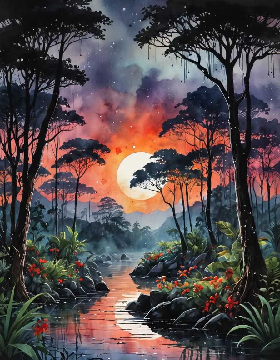 Rainforest Sunset with Blood Moon in Watercolor