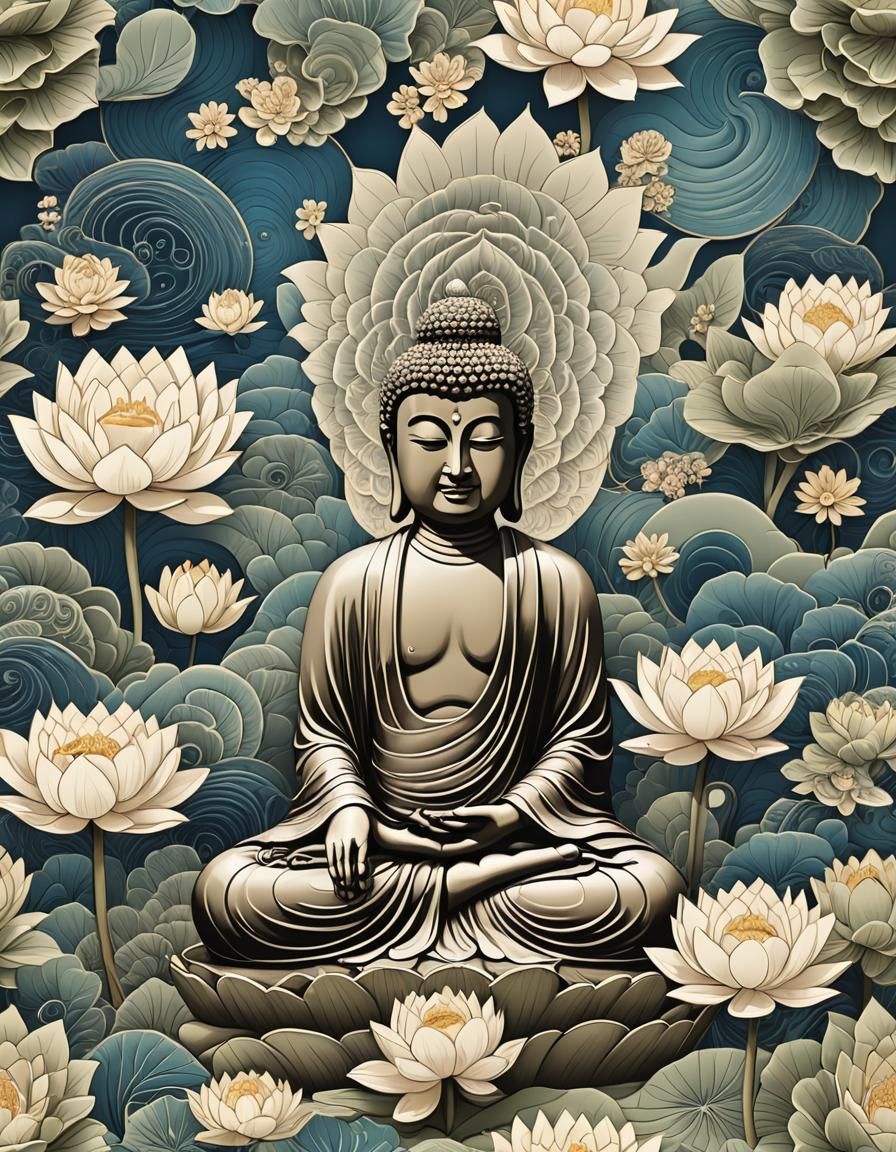 Buddha in Zen Garden with Lotus Blossoms