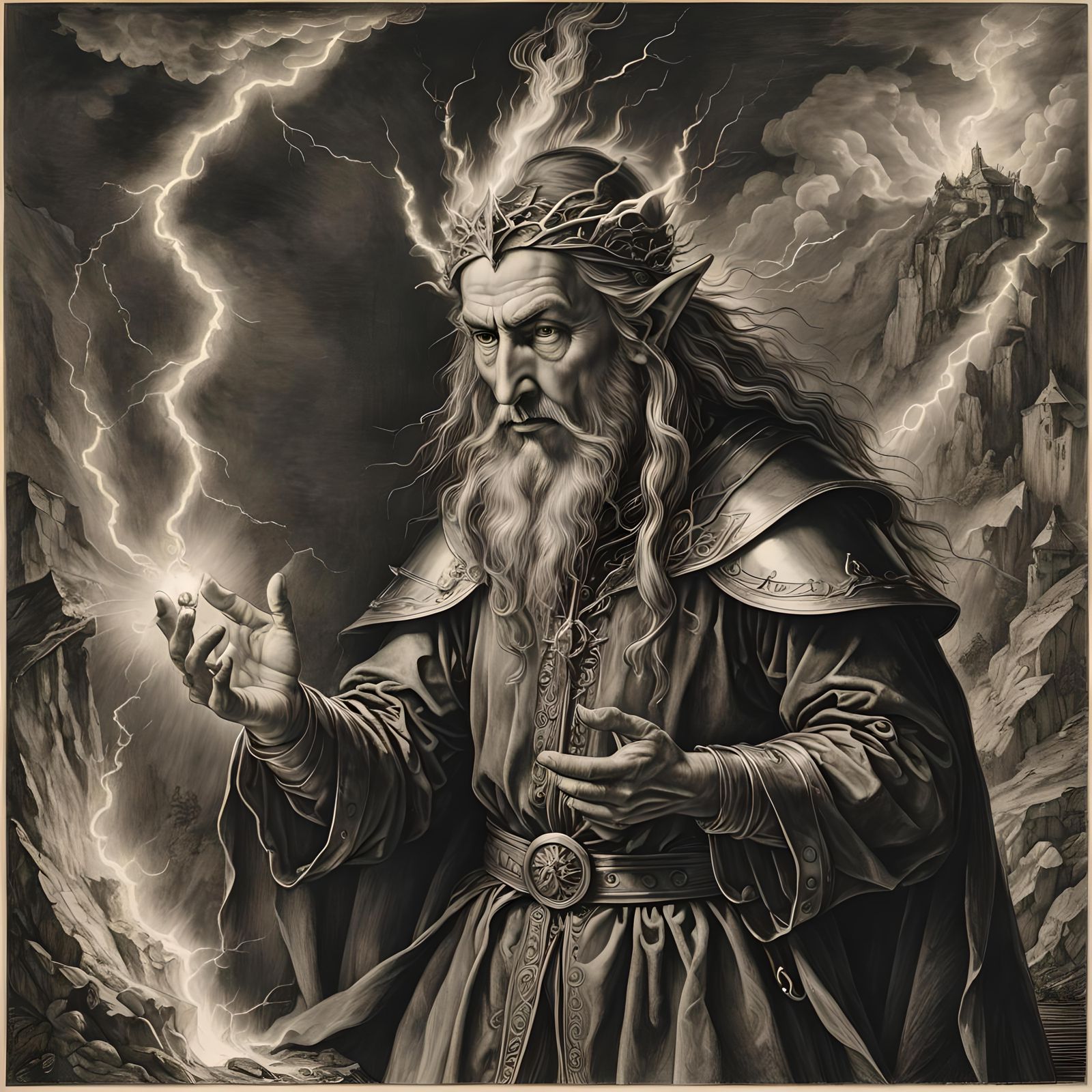 Elf Summons Lightning: Hyperdetailed Charcoal Drawing