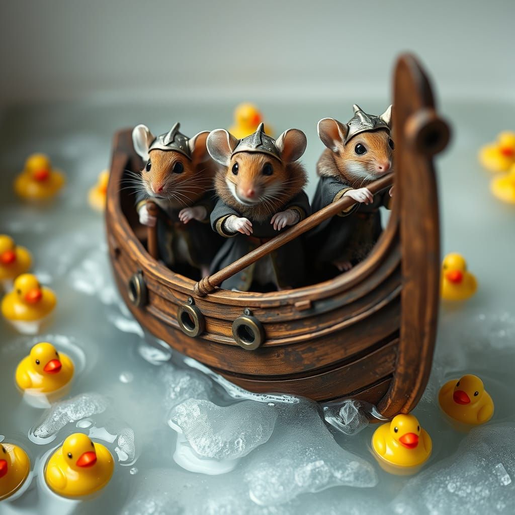Mice in Viking Attire Navigate a Soap-Filled Tub