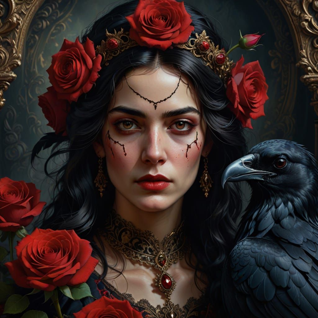 Mysterious Woman in Baroque Style with Rose Motif