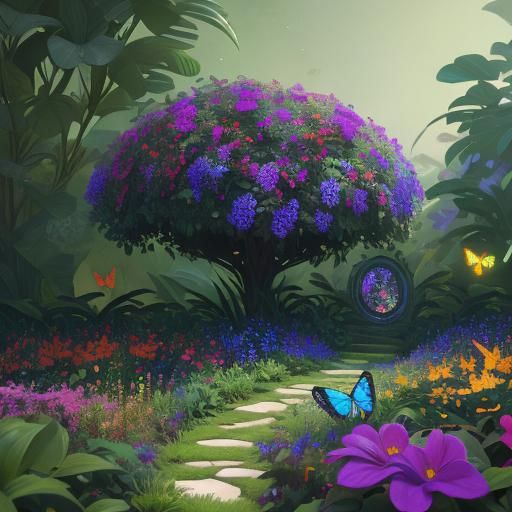 Glowing Multicolored Butterflies in Lush Fantasy Garden