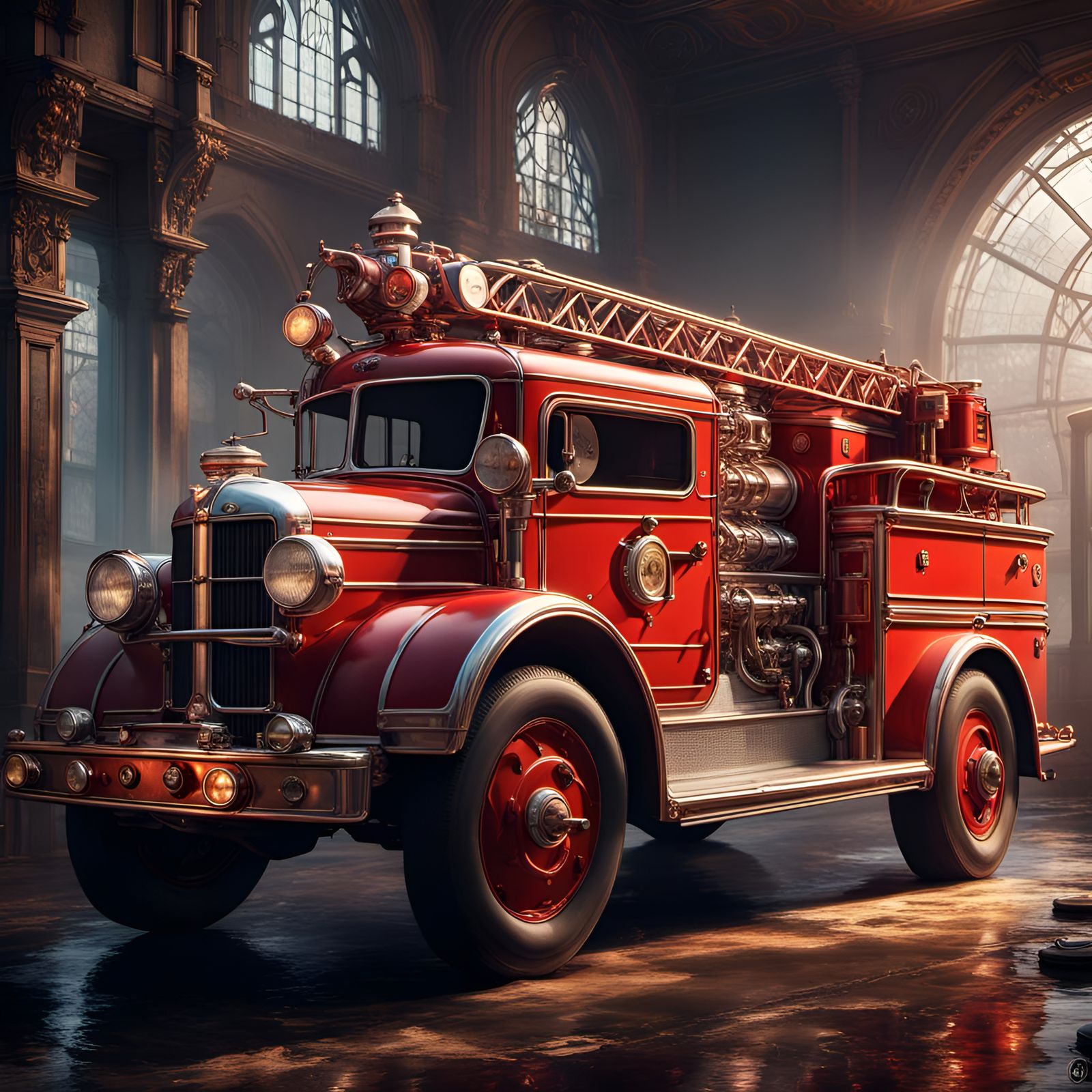 Vintage Fire Engine Rescue: Detailed Matte Painting