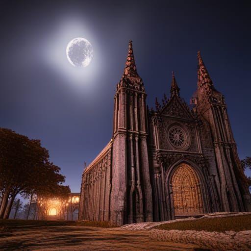 Spooky old cathedral under a garish, starry sky.