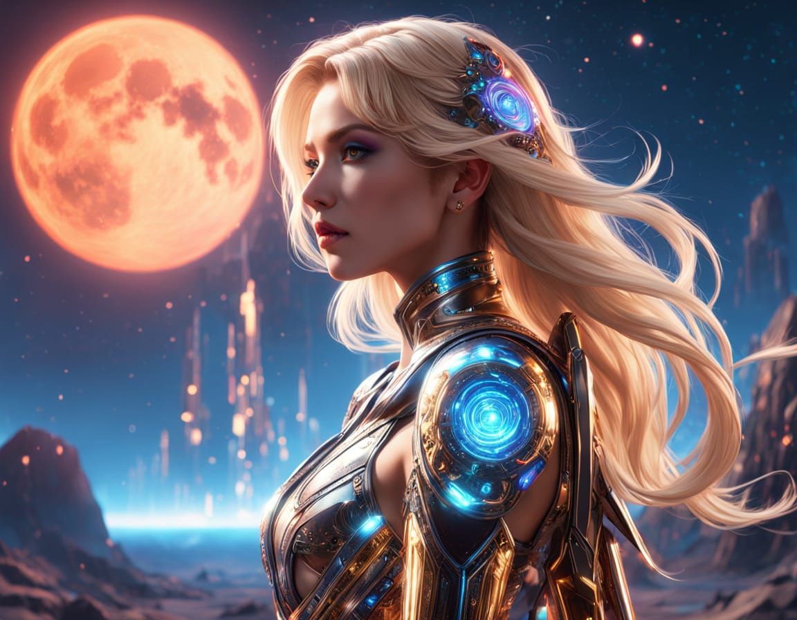 Cybernetic Goddess with Shimmering Moonlit Forearm