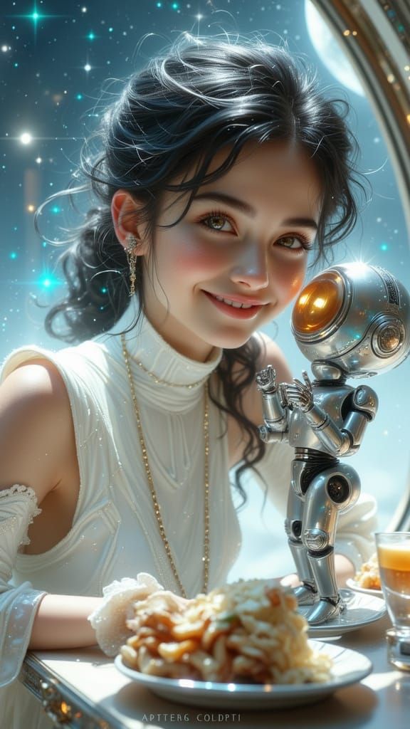 Futuristic Sci-Fi Girl and Robot Companion in Space Cafe