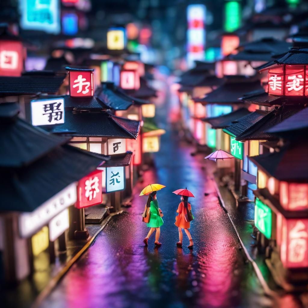 Rainy Tokyo Night: Neon Lights and Origami Style