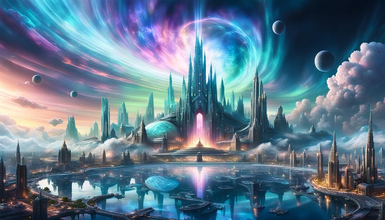 Atlantis Rising in Galactic Aurora: Photorealistic Digital A...