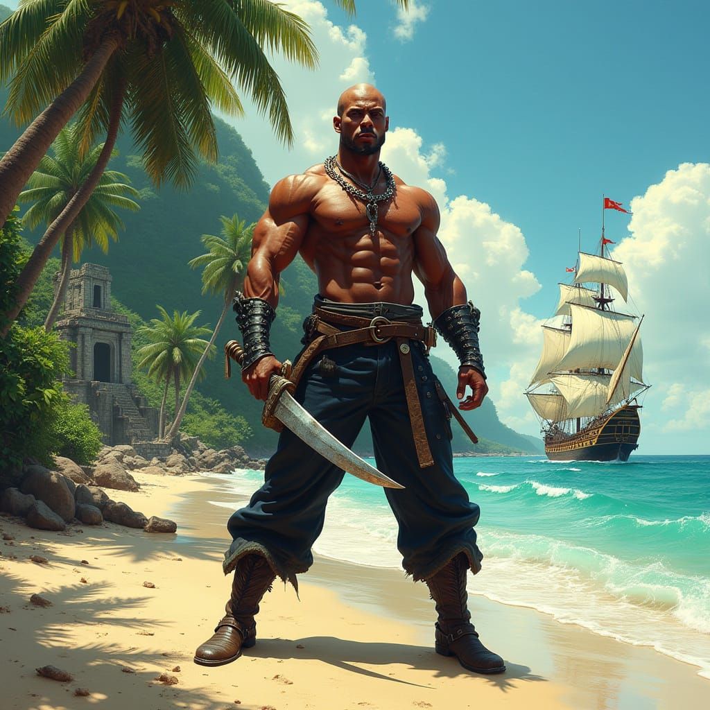 Tattooed Warrior Stands Tall on Beach, Ready for Battle